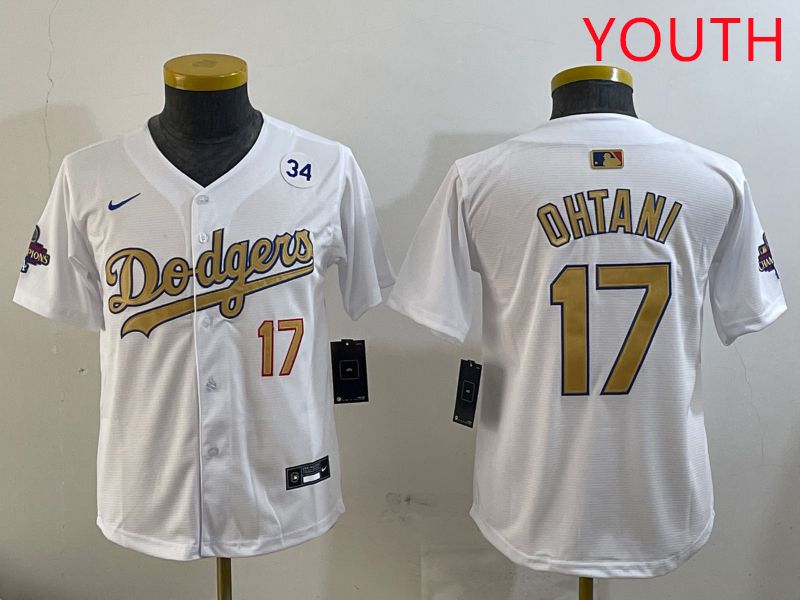Youth Los Angeles Dodgers 17 Ohtani White Champion gold character 2025 Nike MLB Jersey style 3